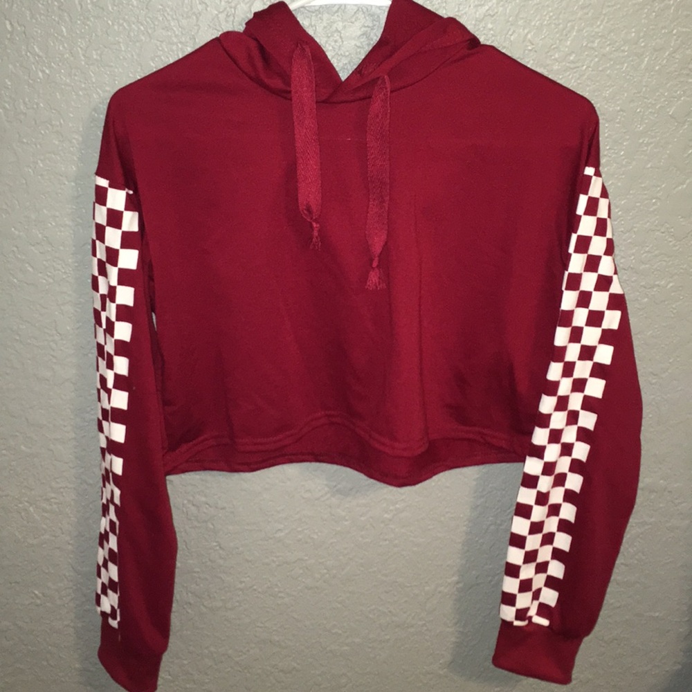 White checkered sleeve red hoodie